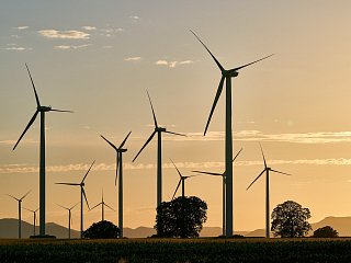 Ansammlung von Windrädern in einem Windpark